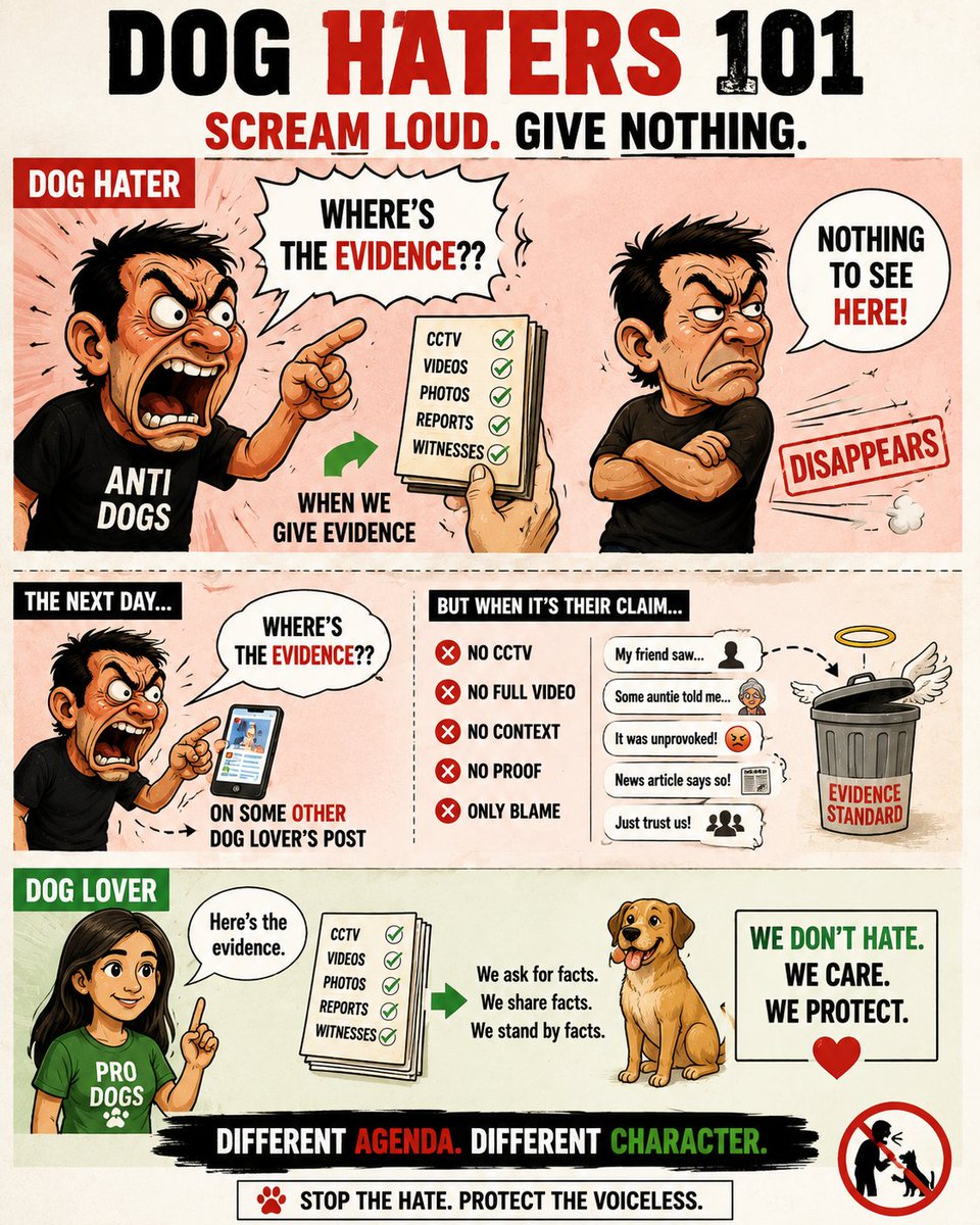 HoomanDecoder's tweet photo. Every dog hater has that one special talent!!

They'll camp under every post screaming, "Where's the evidence? Show us the evidence! We need proof!"

Then the moment you actually give them CCTV footage, videos, eyewitness accounts, veterinary records, or official documents, they quietly disappear from that thread like it never happened.

But don't worry, they'll immediately pop up under some other dog lover's post the very next day, asking the exact same question again:

"Where's the evidence?"

It's like arguing with a broken NPC that only has one dialogue option.

What's even funnier is that the same people demanding ten layers of proof for every allegation of animal abuse suddenly become allergic to evidence when they're making claims themselves.

🟢Ask them for CCTV footage of an "unprovoked" dog bite.
🟢Ask them for a complete video.
🟢Ask them for context.
🟢Ask them for proof that the dog wasn't being chased, beaten, threatened, cornered, or provoked.

Suddenly the evidence standards disappear faster than their arguments.

Instead, out comes a blurry screenshot, a WhatsApp forward, a second-hand story from "someone's auntie," or a newspaper article written by another member of their own echo chamber.

These people don't actually want evidence!
They want a loophole!
]
And when one loophole gets closed, they immediately start digging another one.

Their entire online existence seems to revolve around hopping from one anti-dog account to another, copy-pasting the same talking points, sharing the same posts, repeating the same scripts, and congratulating each other for it.

🔴No original thought.
🔴No consistency.
🔴No accountability.

Just an endless chain of outrage, excuses, and recycled propaganda.

At this point, they're less like concerned citizens and more like unpaid interns working overtime for the Anti-Dog WhatsApp University.

#JusticeForDogs #StopAnimalCruelty #AnimalLivesMatter #Ahmedabad #Gujarat #DogCruelty #SaveTheDogs #SpeakForTheVoiceless #AnimalWelfare #JusticeMustBeServed #StopAnimalCruelty #BeKindToAnimals #AnimalRights #saveindiafromdoghaters #JusticeForStrays #StopAnimalCruelty #Accountability #AmendPCA #NoMore50 #SaveIndianDogs #awaranahihamarahai
@rashtrapatibhv @THaPriYa123 @JahnaviIyer
@dilthi_gujarati @DDNewslive @ndtv @timesofindia