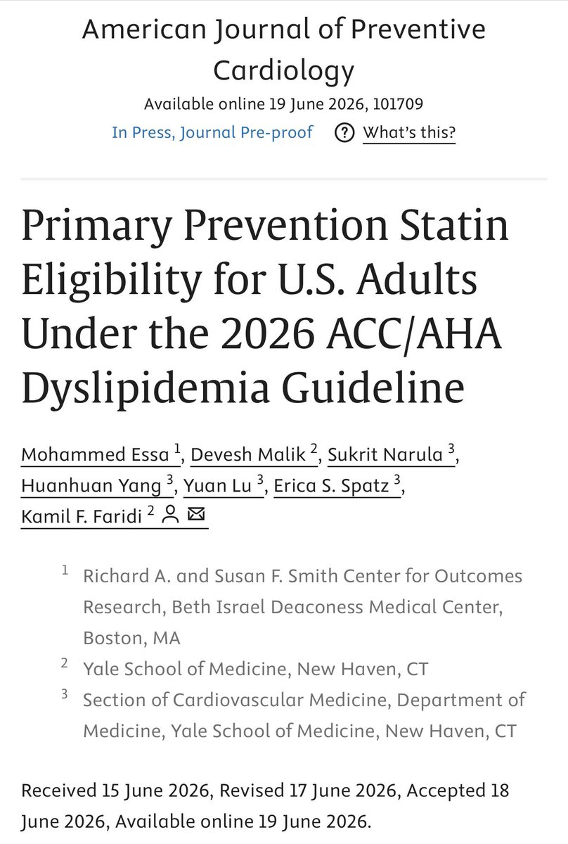 EssaMJ90's tweet photo. New in @AJPCardio:
Under the 2026 ACC/AHA dyslipidemia guideline, over 60% of U.S. adults aged 30-79 without ASCVD now have a statin indication, up from 43% under the 2018 guideline.
That’s 31.3 million newly eligible Americans.
But only 1 in 4 eligible adults are currently on therapy.

🔗 https://t.co/d6NdxoZLzs