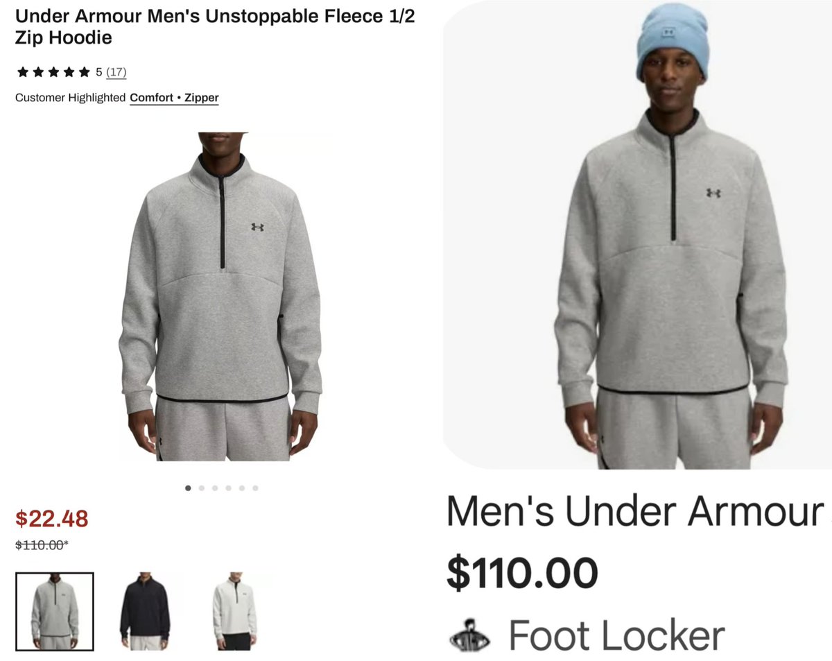 GlitchedDeals's tweet photo. $110 UNDER ARMOUR HOODIES FOR $22

Half-zip hoodies are now 80% off at Dick’s Sporting Goods, 3 color options available 

https://t.co/Y8BvEwvmqV

Foot Locker currently has it listed for full price

Free shipping on orders $49+ when signed in #ad https://t.co/aqxYjMugjC