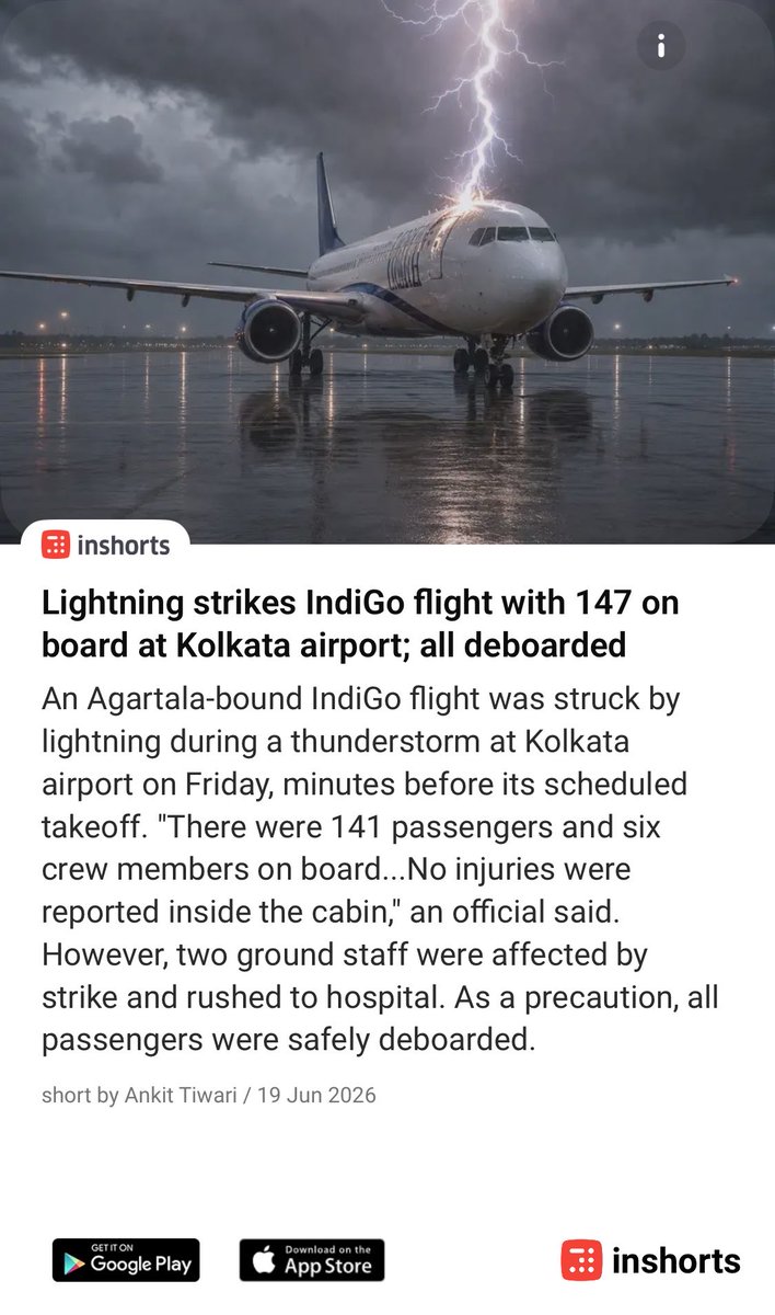amritabhinder's tweet photo. Lightning strikes IndiGo flight with 147 on board at Kolkata airport; all deboarded
https://t.co/UQmIvr8WUM
 -via inshorts https://t.co/nTHcJpYqcC