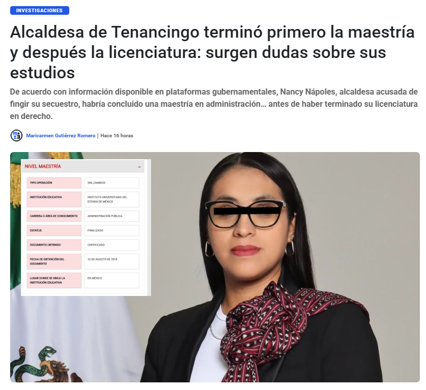 emeequis's tweet photo. De acuerdo con información disponible en plataformas gubernamentales, Nancy Nápoles, alcaldesa acusada de fingir su secuestro, habría concluido una maestría en administración… antes de haber terminado su licenciatura en derecho.

https://t.co/Dnqfl5Y3hF https://t.co/IeRY5FC6DG