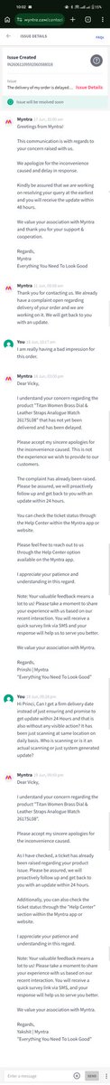 Vinaytailor27's tweet photo. #Myntra #Deliveryissue #nosupport
I have come across a very dissatisfied response for a delayed delivery. It was supposed to be delivered on 8th June, but till today on 19th June, I am just eagerly waiting for my product.
Are you able to provide an ensured date of delivery? https://t.co/zn7H4eiESu