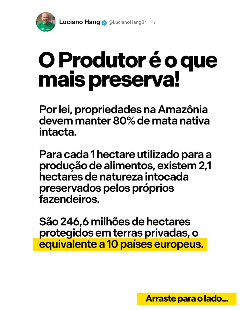LucianoHangBr's tweet photo. O fim da mentira ambiental!

Vi um post, que divulga dados importantes sobre a questão ambiental no Brasil. Durante anos, tentaram criar a narrativa de que o agro é um grande destruidor da natureza. Mas os fatos mostram outra realidade: o Brasil está entre os países que mais preservam suas florestas nativas, e o produtor rural é um dos maiores responsáveis por essa preservação.

Por lei, muitas propriedades rurais mantêm até 80% de sua área com vegetação nativa preservada. Enquanto isso, burocratas e ecochatos insistem em dificultar o desenvolvimento de um dos setores mais importantes para a nossa economia. O agro representa cerca de 25% do PIB brasileiro, gera milhões de empregos, movimenta exportações e ajuda a sustentar o crescimento do país.