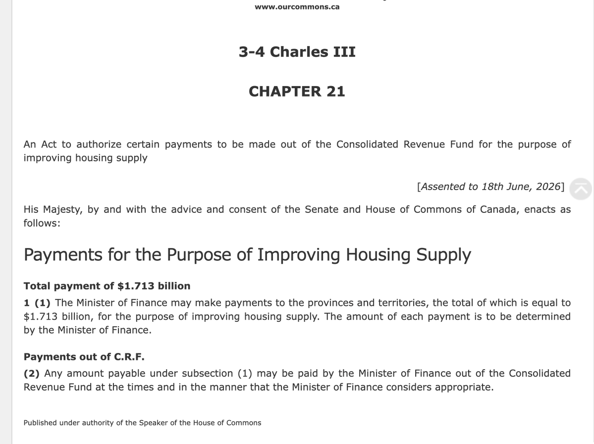 canada_spends's tweet photo. The government just passed C-26, one of the shortest bills in Canadian history.

What does it do?

It lets the Finance Minister send $1.7B to the provinces to improve housing supply.

No strings attached.
No accountability.
No targets.

$40 from every Canadian https://t.co/ybX0W0vLep