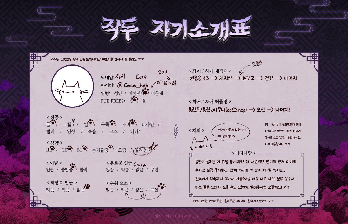 Cece_Heh's tweet photo. 자기소개표..! 트친소는 아니지만 상시 저랑 친구해 주실 분 찾아요! (>^<)

편하게 찾아와 주세요~ 그리고 혹시 제가 자꾸 지뢰를 밟아버리면 편하게 썰어버리셔도 됩니다..!

잘 부탁드려요~ 
(^,,>﹏<,,^) https://t.co/nwTRQopwZ8
