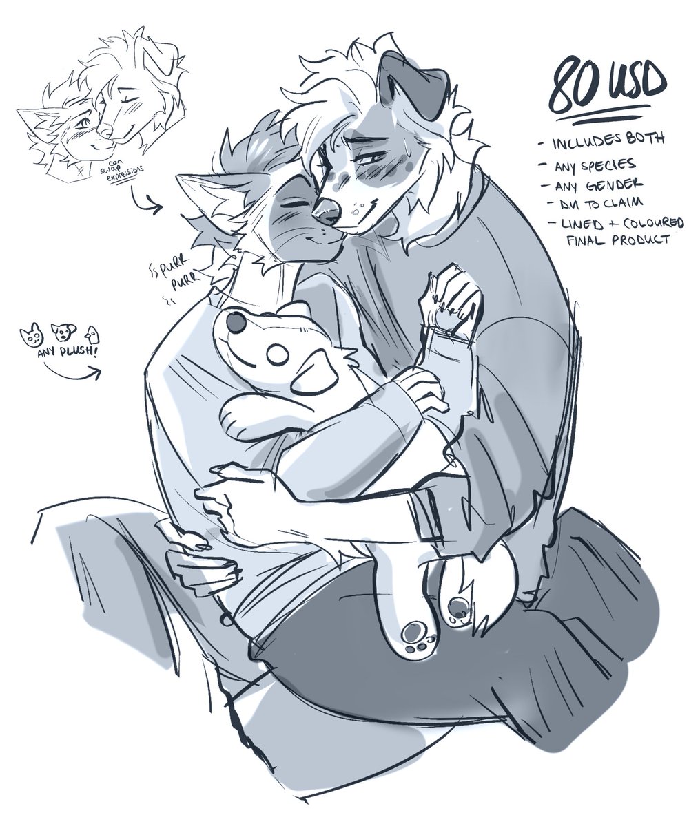 seagullart2's tweet photo. ❤️🧸Custom plushie snuggle YCH OPEN!🧸❤️

Please DM to claim
80 USD total
Includes both characters pictures, expressions can be altered, clothes can be any variation of sweater or pants. 
Any species or gender are welcome 🙏 
Final product will be lined and coloured normally with basic shading. 

I had about 47% less orders on custom comms this month so I’ve got some room to open this Ych up.