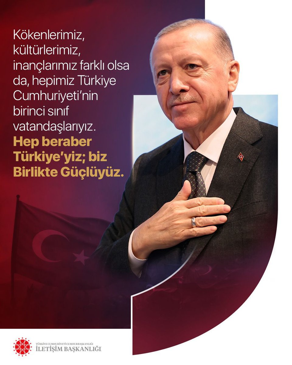 SemaAlfat_'s tweet photo. @SemaAlfat @RTErdogan Cumhurbaşkanımız Recep Tayyip Erdoğan:

"Kökenlerimiz, kültürlerimiz, inançlarımız farklı olsa da, hepimiz Türkiye Cumhuriyeti’nin birinci sınıf vatandaşlarıyız. Hep beraber Türkiye’yiz; biz Birlikte Güçlüyüz." https://t.co/FfEb48jqQX
