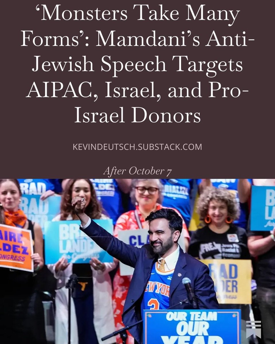 kdeutschjourno's tweet photo. Antizionist New York City Mayor Zohran Mamdani on Thursday used racialized conspiracy libels to demonize Jews, delivering a speech that portrayed AIPAC, pro-Israel donors, and Americans who support the U.S.-Israel alliance as “monsters” moving “millions in dark money” to “preserve their power” and “turn us against one another.”

Read the article here: https://t.co/UHDyisyOcc