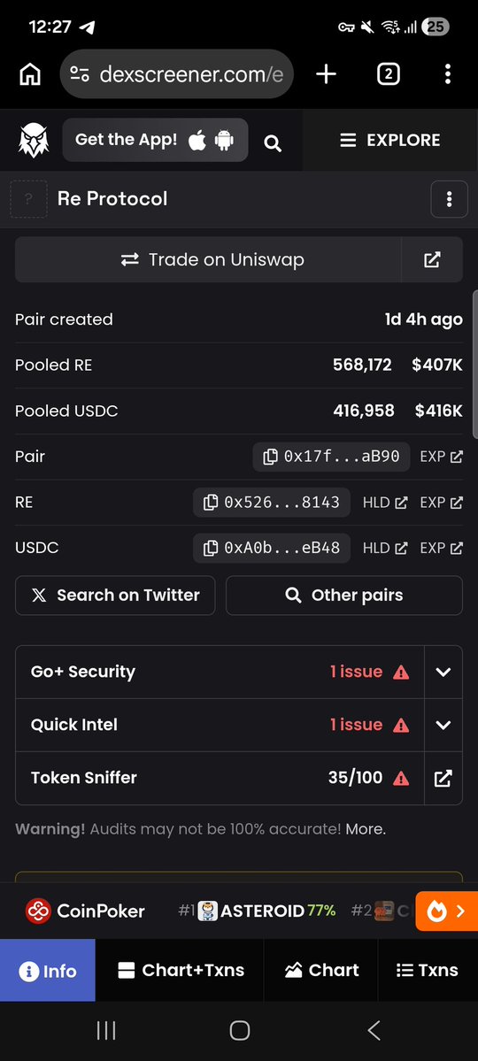 Criptoboomvof's tweet photo. Aca les dejo la nueva scam #RE $RE a nueva estafa lanzada por la red de #ethereum que ya fue lanzada en #Binance con un marketcap de mas de 750 millones de dólares, un suministro total de 1BI. 

Dominada por 3 billeteras una de mas del 30% del supply otra con 20% y otra con el 16% el 66% del supply esta en mano de sus creadores.

La liquidez no esta bloqueada tampoco quemada. 

Han bloqueado el 30% del supply en la billetera del creador. 
Pero controlan el 36% desde otras billeteras.

Con una cantidad de 1200 holder aproximadamente tienen un marketcap de mas de 700 millones 

La liquidez esta por arriba de los 800k
Es increible como cae la gente cada dia en estas estafas por no investigar donde meten su dinero 💰. 
Recuerde el culpable de perder su dinero es usted mismo entienda es su responsabilidad... #RE $RE #trading #crypto