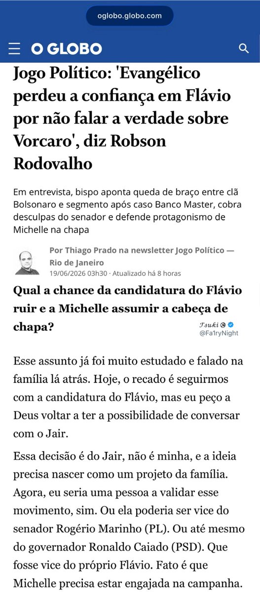 Fa1ryNight's tweet photo. Senador @rogeriosmarinho  por que o seu nome está sendo citado para substituir o Flávio e ter Michelle de vice como se fosse um assunto normal. 
Não é estranho? Ainda mais vindo de um bispo que conversa semanalmente com a Michelle?

Ele diz: “Eu seria uma pessoa a validar esse movimento, sim. Ou ela poderia ser vice do senador Rogério Marinho (PL). Ou até mesmo do governador Ronaldo Caiado (PSD). Que fosse vice do próprio Flávio.”

O mesmo bispo que:
- Queria a chapa Tarcísio e Michelle.
- Foi autorizado por Moraes a dar apoio religioso a Bolsonaro.
- Defendeu a indicação de Messias.

Será que ele cobrou desculpas do Messias por tudo que esse cara já causou ao Brasil?