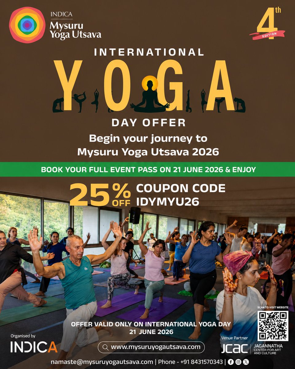 INDICAMYU's tweet photo. Celebrate International Yoga Day with Mysuru Yoga Utsava 2026. 

Unlock a special one-day offer on 21 June 2026 — enjoy 25% off on Full Event Passes and begin your journey to India’s premier yoga festival. 
Offer valid only on 21 June 2026.  

#InternationalYogaDay #MYU2026 https://t.co/6UBP2w1Jd9
