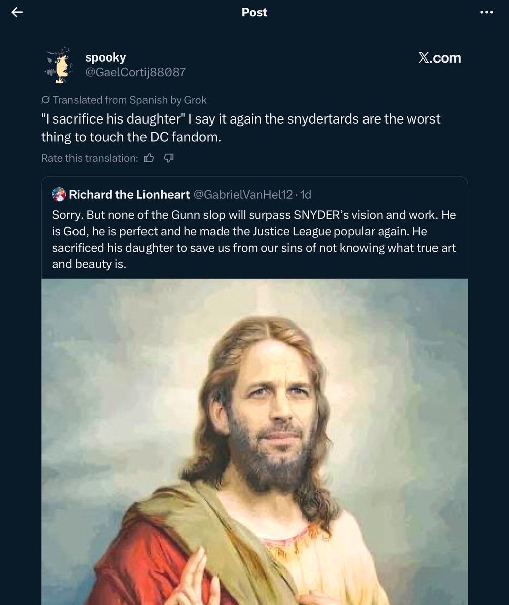 CaseyBookAuthor's tweet photo. People keep posing as Snyder fans and making clearly fake posts about him but James Gunnโs fanbase unironically says #WeRunWithGunn and depict him as Jesus Christ. https://t.co/cTwQ6HhhUq