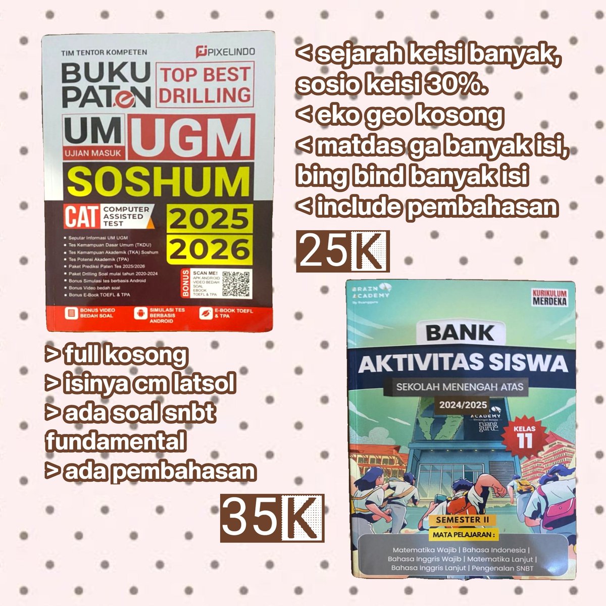 suzyugm's tweet photo. ⋆.𐙚 ̊ haiii temen-temen, aku jual buku persiapan utbk dan utul ugm. untuk speknya bisa diliat di pic ini yaaahh😆

🚚 pengiriman bisa co oren &amp; cod khusus kota semarang (tp tergantung daerah jg ya T___T)
 t ; #wts #wtb buku ruangguru rg snbt ujian tulis um mandiri https://t.co/sLrulWBYwm
