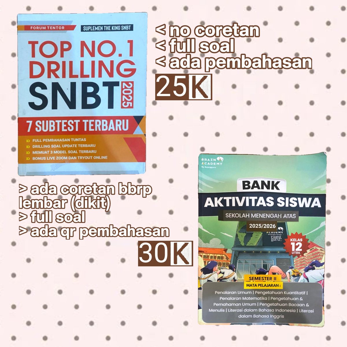 suzyugm's tweet photo. ⋆.𐙚 ̊ haiii temen-temen, aku jual buku persiapan utbk dan utul ugm. untuk speknya bisa diliat di pic ini yaaahh😆

🚚 pengiriman bisa co oren &amp; cod khusus kota semarang (tp tergantung daerah jg ya T___T)
 t ; #wts #wtb buku ruangguru rg snbt ujian tulis um mandiri https://t.co/sLrulWBYwm