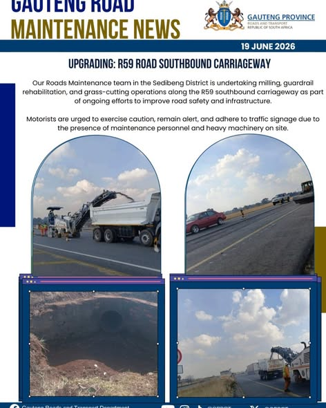 GPDRT_'s tweet photo. 📢📢📢GAUTENG ROAD MAINTENANCE NEWS | 1st EDITION📢📢📢

Welcome to the first edition of Gauteng Road Maintenance News, your update on the ongoing efforts to keep our roads safe, accessible, and in good condition across the province.

From pothole repairs and resurfacing projects to drainage maintenance, grass cutting, road markings, and infrastructure upgrades, our dedicated teams continue to work tirelessly to improve mobility and road safety for all road users.

Stay informed about maintenance activities, project progress, and service delivery initiatives.

#GautengRoadMaintenanceNews #GautengAtWork #AgaLeRona #RoadMaintenance #GrowingGautengTogether #SaferRoads