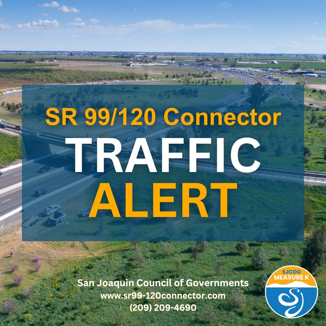 SJCOG's tweet photo. 🚧 Utility work near the SR 99/120 interchange in @Cityofmanteca will require lane closures &amp; detours. Work tentatively June 21-26. Detours will be in place. Get updates via email &amp; text: https://t.co/E6cIeYASUD. 🚧
 @CaltransDist10
#99120Connector https://t.co/MuqpqQe2Gw