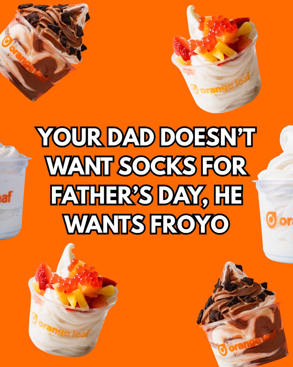orangeleaf's tweet photo. Father's Day is almost here, and we've got the sweetest way to celebrate!

Orange Leaf Rewards members can enjoy 20% OFF froyo through the app on Father’s Day!

Not a Rewards member yet? Download our app and sign up by June 20 to unlock this exclusive offer. https://t.co/BuhmU7j7dc