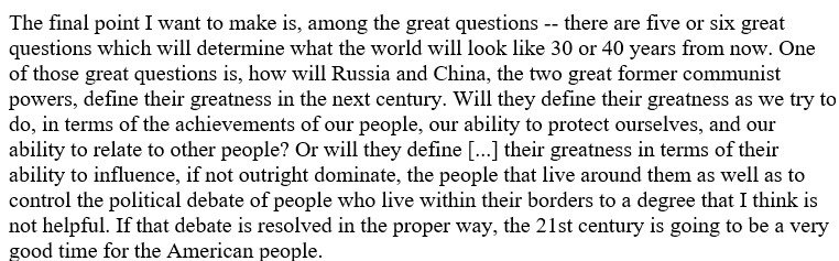 ruth_deyermond's tweet photo. Bill Clinton's March 1997 evaluation of the US was generous, as you'd expect of a US president, but his prediction that the world of now would be shaped by how Russia and China defined the idea of their own greatness was absolutely right: https://t.co/sDKIGYGQ6c