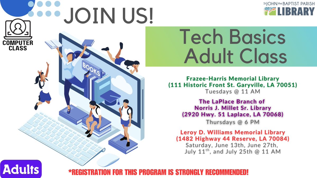 StJohnLib4's tweet photo. Join the Library staff for beginner tech classes. Get answers to your questions and learn the basics of using a computer, connecting to Wi-Fi,  online safety, and how to outsmart your smart phone. https://t.co/8XD1dFmVXE