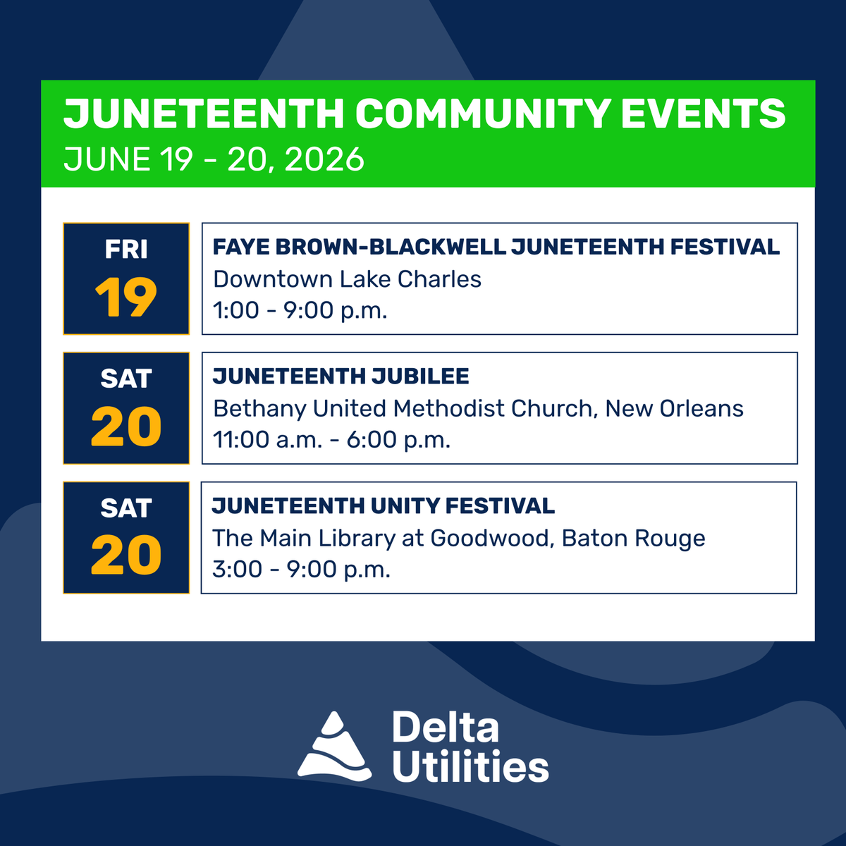 Delta_Utilities's tweet photo. This Juneteenth, we join communities across Louisiana in reflecting the history and significance of this important day and acknowledging its lasting impact.

To help commemorate Juneteenth, we’re sharing several community events taking place this weekend in Lake Charles, New Orleans, and Baton Rouge. We encourage everyone to learn more about the history of Juneteenth, participate in local celebrations, and support their communities.

We recognize the significance of Juneteenth and wish everyone a day of reflection, celebration, and community.

#DeltaUtilities #JuneteenthEvents #CommunityImpact