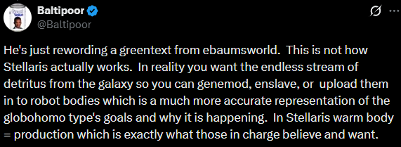Baltipoor's tweet photo. @WeimarWorlds >people not realizing stellaris is a globohomo sim
>still pretending free slaves aren't a gift https://t.co/OAkgUkpwmM