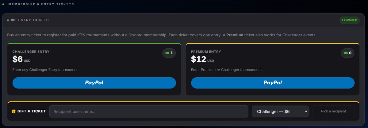 PlayKTN's tweet photo. You can now buy KTN tournament entry tickets with PayPal — right on KTN!

Challenger &amp; Premium tickets hit your account instantly, spend automatically when you register, and can even be gifted to a teammate.

Discord subs still remain an option. https://t.co/W1ADv6P293
