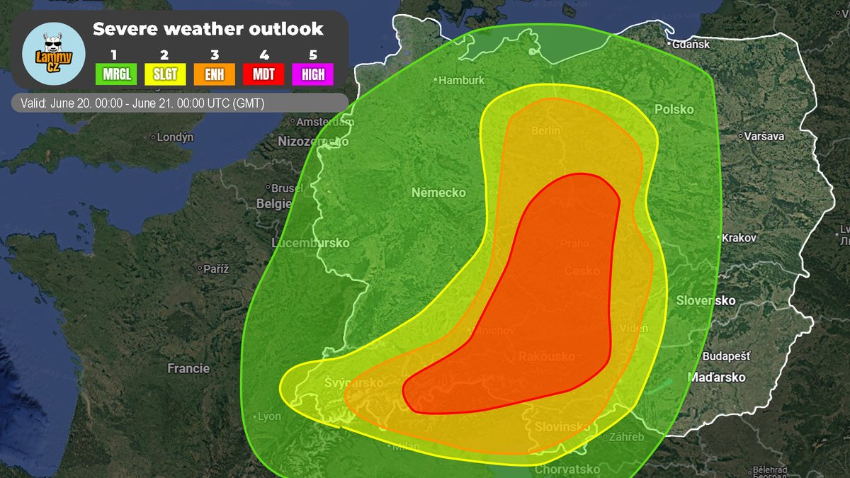 LammyCZ's tweet photo. ⚡Severe #weather #outlook for #Europe
📅Valid: June 20. 2026
👨‍🦰Issued by: Lammy
🗒️Description: Mainly scattered #thunderstorms, with high propability of #downbursts, #hail and #rain mainly in the MDT area.
📜Read more at: https://t.co/Wy1WbXE9No
#weather #EUwx #weatherwx #storm https://t.co/VaOuH3QNxI