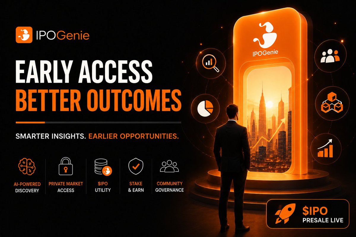 deprofus's tweet photo. The IPO market created some of the biggest wealth-generation events in history.

The problem?

Most people only get access after the biggest opportunities have already been priced in.

@IPOGenie is building a platform designed to bridge that gap through AI-powered research and tokenized access to pre-IPO opportunities, giving users a chance to discover potential opportunities earlier.

The $IPO presale is now live.

Key highlights:

• AI-assisted investment discovery
• Access to private market opportunities
• $IPO utility across the ecosystem
• Staking and reward mechanisms
• Community-driven governance

As AI and RWAs continue to reshape finance, projects focused on access may become just as important as the assets themselves.

Explore the $IPO presale:

https://t.co/eA1qel1UQR