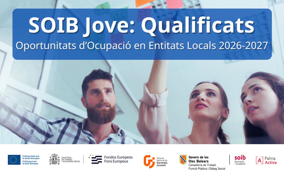 PalmaActiva's tweet photo. 📢 SOIB-Oportunitats d'Ocupació per a Persones Joves Qualificades en Entitats Locals 2026-2027
📍 Ajuntament de Palma
📆 Inscripció del 15/06/2026 al 28/06/2026 https://t.co/Tz6Yz5ZWuR