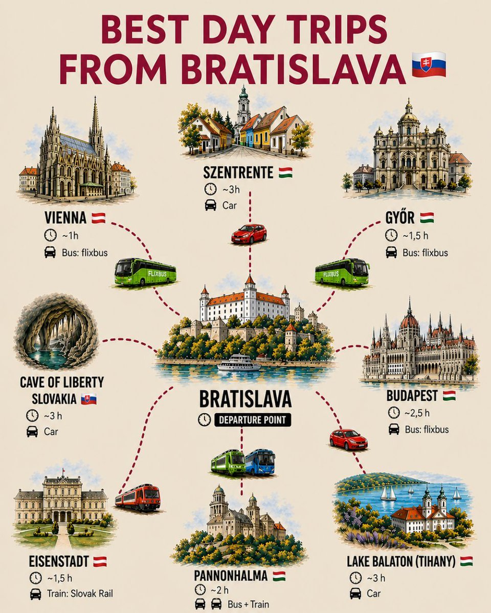MetaCHORS's tweet photo. Easy day trips from Bratislava ✨
Perfect escapes our guests love - all doable in a day.
Save for your stay & tell us your pick 👇
#bratislava #daytrip #weekendplans #slovakia https://t.co/Z8i4fKf1ng