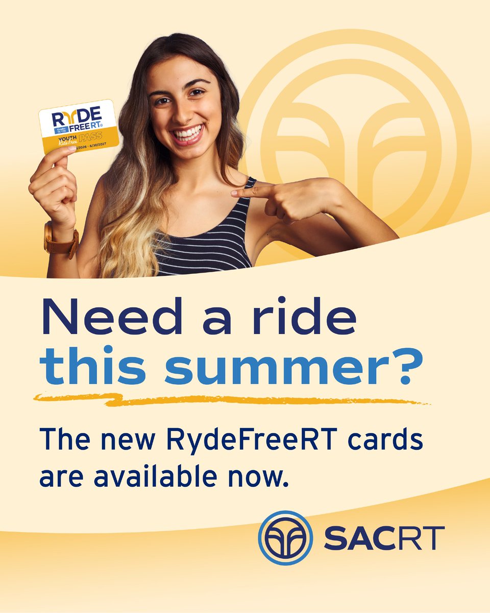 RideSacRT's tweet photo. Need a ride this summer? All students in grades TK-12th ride the entire SacRT transit system fare-free with the new RydeFreeRT card thanks in part to funding provided by partner jurisdictions and school districts.  
Learn more about the program at, https://t.co/XrzytdXNaQ. https://t.co/eTRQZi59h2