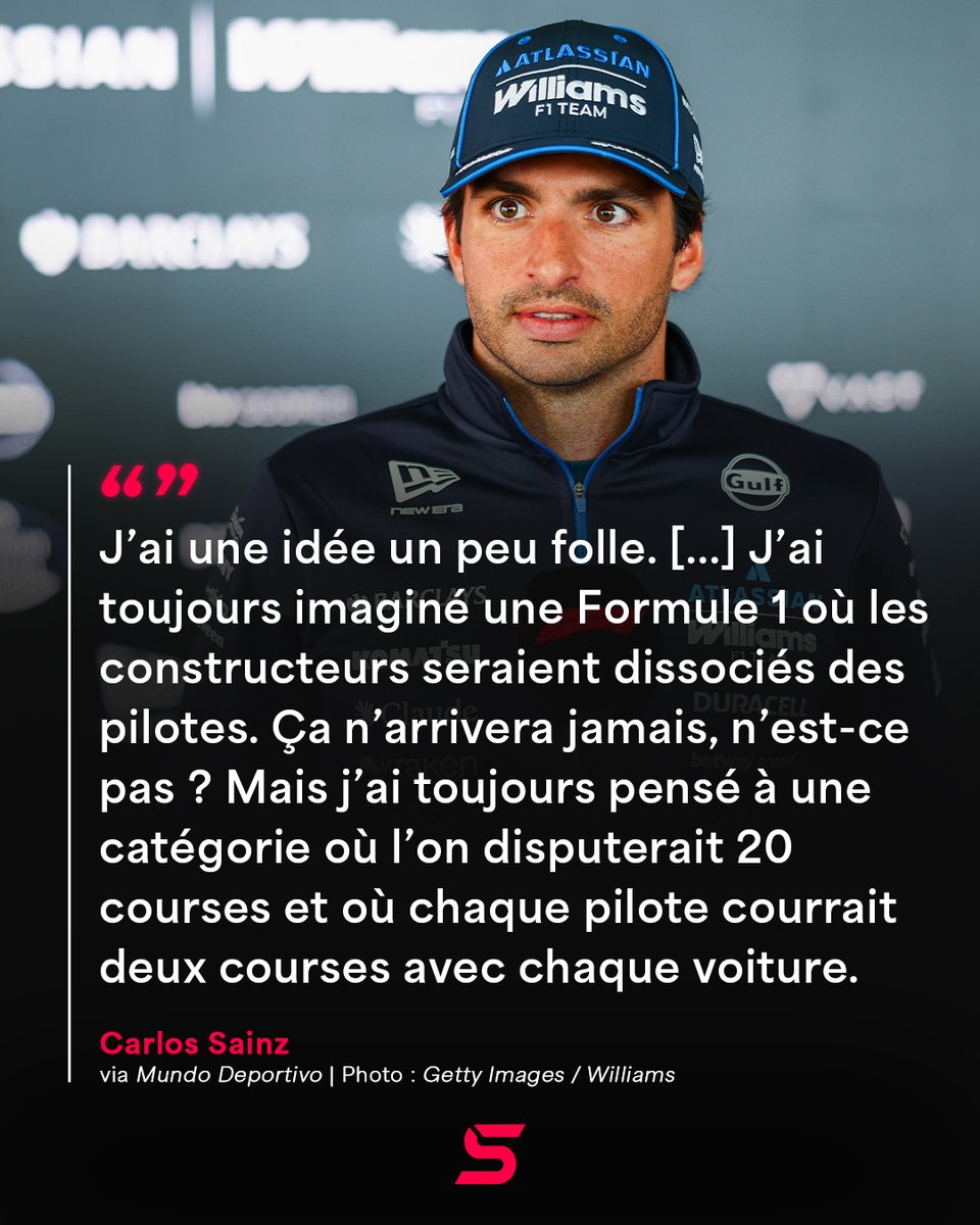 Dernier_Secteur's tweet photo. Carlos Sainz a dévoilé son idée "folle" pour révolutionner la F1, "où chaque pilote courrait deux courses avec chaque voiture" ! 💬😳

"J’ai une idée un peu folle. [...] J’ai toujours imaginé une Formule 1 où les constructeurs seraient dissociés des pilotes. Ça n’arrivera jamais, n’est-ce pas ? Mais j’ai toujours pensé à une catégorie où l’on disputerait 20 courses et où chaque pilote courrait deux courses avec chaque voiture."

"Ainsi, le pilote ferait partie de la F1, il ne ferait pas partie d’une écurie, ce serait un client de la F1 que la Formule 1 engagerait pour piloter les voitures. J'aurais alors l'occasion de disputer deux courses avec Williams, deux avec Mercedes, deux avec Ferrari…"

"Tous les pilotes auraient exactement les mêmes chances de remporter le championnat du monde. Cela constituerait le championnat du monde des pilotes, et les points que tu marquerais pour cette écurie constitueraient le championnat des constructeurs."

"On parviendrait ainsi à dissocier complètement les écuries des pilotes. Et on aurait ainsi un véritable championnat des pilotes et un véritable championnat des constructeurs."

Que pensez-vous de l'idée de Carlos Sainz ? 🤔

(via @mundodeportivo)

#F1