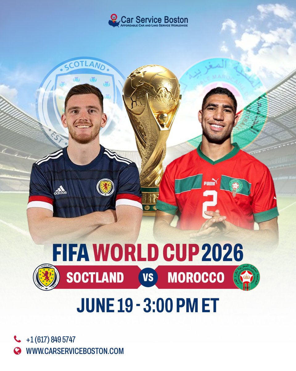 CarServiceBos's tweet photo. Scotland vs Morocco
June 19 • 3:00 PM ET

Match day energy starts before kickoff and so does the journey.

Make your arrival part of the experience.

Book Your Ride
https://t.co/geqgCkjFet
617-546-4896

#WorldCup2026 #FIFAWorldCup #CarServiceBoston #MatchDay #chauffeurservice https://t.co/uQnaaatvwa