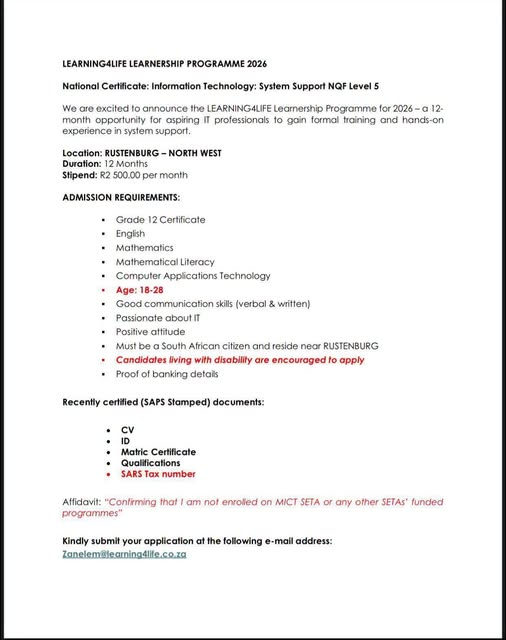 NthabelengDlam3's tweet photo. learnership opportunity https://t.co/GJZK2c5QKY