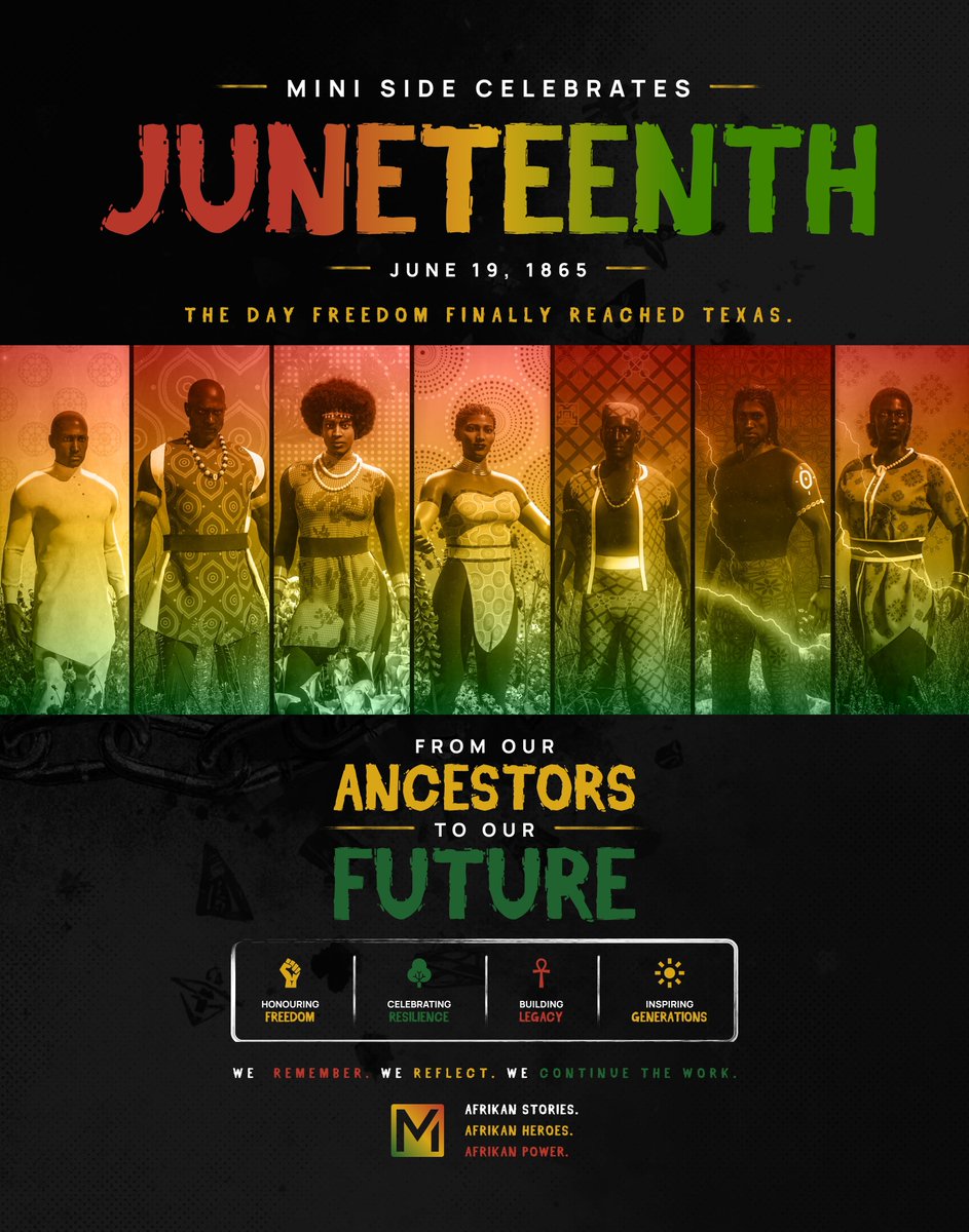 Miniside5's tweet photo. Today, we commemorate Juneteenth.

A day to honor freedom, resilience, and the generations whose sacrifices made our future possible.

At Mini Side Comics, we celebrate the stories, history, and legacy that continue to inspire us.

From our ancestors to our future.

#Juneteenth https://t.co/IpTgCV5c6f