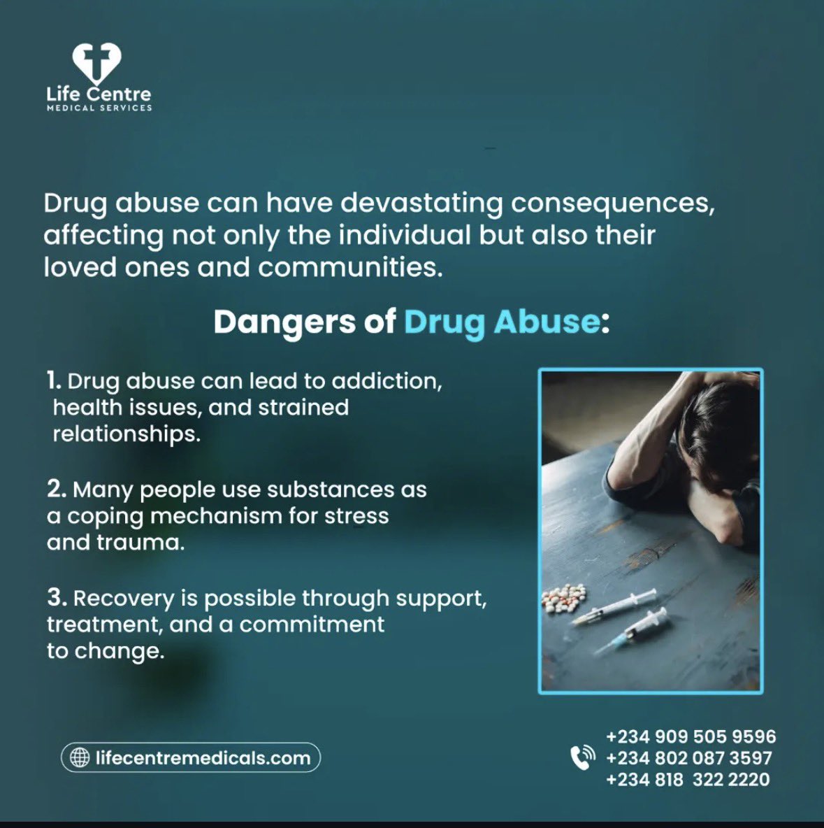 LifeCentreMedic's tweet photo. Drug abuse can lead to addiction, chronic health problems, mental health challenges, and strained relationships.

The earlier help is sought, the better the chances of recovery.

Let’s choose awareness, prevention, and support over stigma. https://t.co/MkW85yXf0B