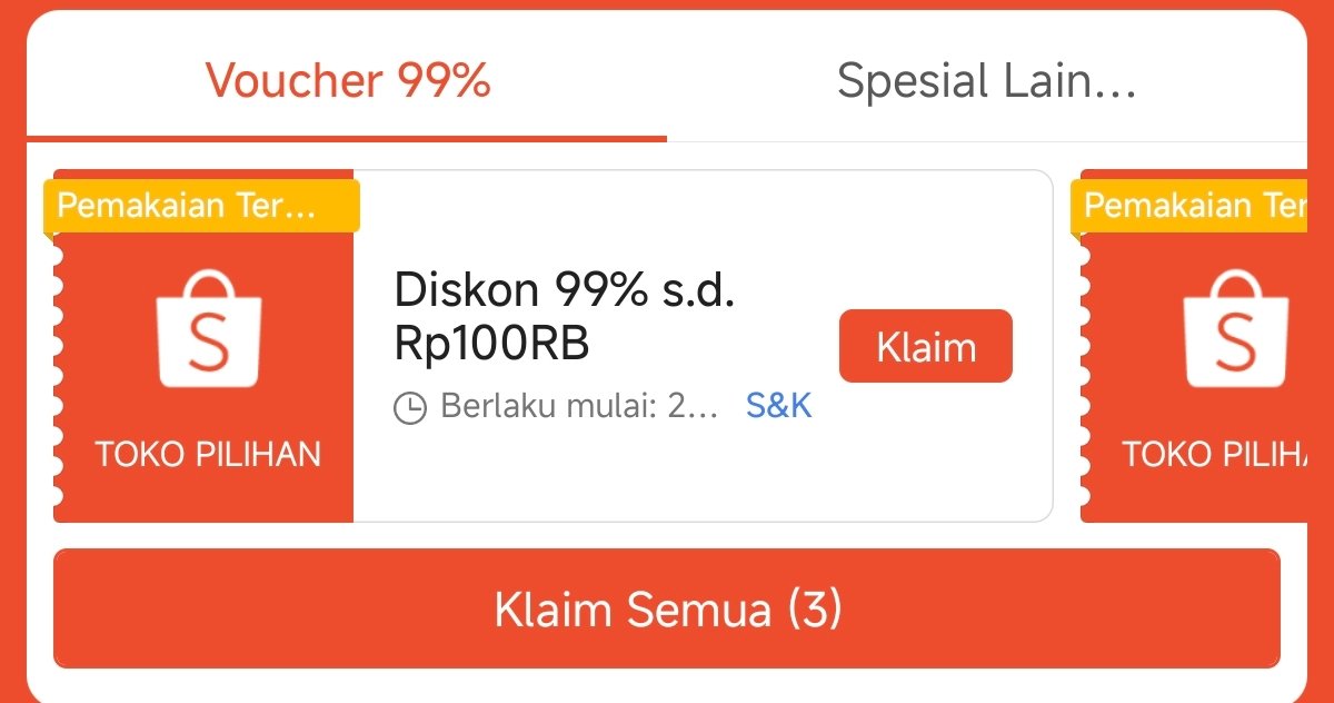 xkode06's tweet photo. Shopee Diskon 99% s/d 100RB

*Min. Belanja 100RB
*Mulai berlaku 25 Juni (Pk. 00, 12 dan 20)
*Ada juga Diskon 99% s/d 5rb (sudah nempel di akun)

Klaim vouchernya disini
https://t.co/kUpO3PbVFG https://t.co/kTaF6ebkuK