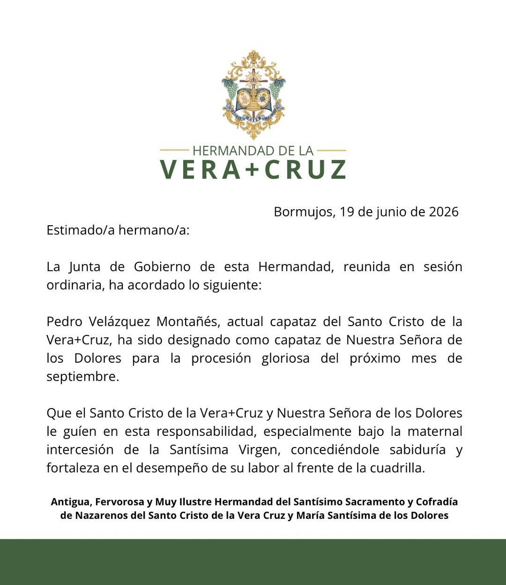 VCruzBormujos's tweet photo. 📣𝗖𝗢𝗠𝗨𝗡𝗜𝗖𝗔𝗗𝗢 𝗢𝗙𝗜𝗖𝗜𝗔𝗟 // 𝗣𝗲𝗱𝗿𝗼 𝗩𝗲𝗹𝗮́𝘇𝗾𝘂𝗲𝘇 𝗠𝗼𝗻𝘁𝗮𝗻𝗲́𝘀, 𝗱𝗲𝘀𝗶𝗴𝗻𝗮𝗱𝗼 𝗰𝗼𝗺𝗼 𝗰𝗮𝗽𝗮𝘁𝗮𝘇 𝗱𝗲 𝗡𝘂𝗲𝘀𝘁𝗿𝗮 𝗦𝗲𝗻̃𝗼𝗿𝗮 𝗱𝗲 𝗹𝗼𝘀 𝗗𝗼𝗹𝗼𝗿𝗲𝘀 𝗽𝗮𝗿𝗮 𝗹𝗮 𝗽𝗿𝗼𝗰𝗲𝘀𝗶𝗼́𝗻 𝗴𝗹𝗼𝗿𝗶𝗼𝘀𝗮 𝗱𝗲 𝘀𝗲𝗽𝘁𝗶𝗲𝗺𝗯𝗿𝗲 https://t.co/uXK5CXuhin