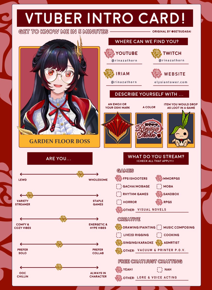 リナリア様 オーダーページ Rinaza Thorn【 リナザ・ソーン 】 Intro Card 👑🌹 Hello, rosebuds