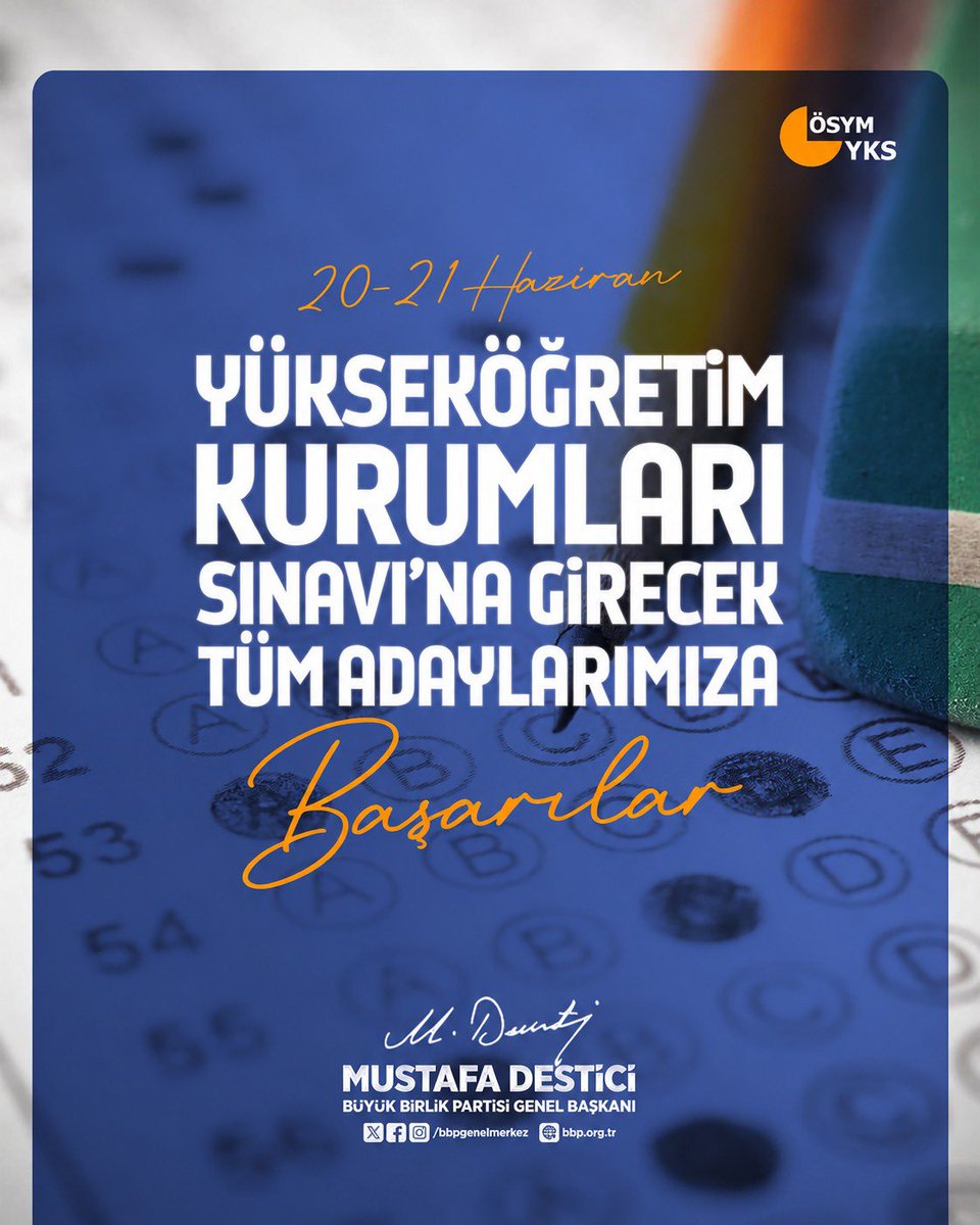 Mustafa_Destici's tweet photo. Sevgili gençler,
Yarın önemli bir sınava gireceksiniz. Belki aylardır, belki yıllardır verdiğiniz emeğin karşılığını almak için bir adım daha atacaksınız.
Unutmayın; bir milletin en büyük gücü, inanan, çalışan ve hayal kuran gençleridir.
Kendinize güvenin. Emeklerinize güvenin. Sonuç ne olursa olsun, vazgeçmeyenler mutlaka kazanır
Rabbim zihin açıklığı versin, yolunuzu ve bahtınızı açık etsin.
YKS'ye girecek bütün adaylara gönülden başarılar diliyorum.