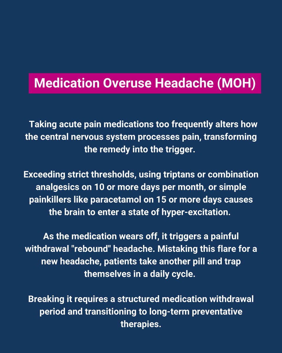 BMJBestPractice's tweet photo. Using acute treatments >10–15 days/month can trigger Medication Overuse Headache, causing a withdrawal "rebound" pain as the drug wears off.

Full clinical pathway: https://t.co/vPNrcIR8Pc #MedTwitter https://t.co/ONCAlepUfQ