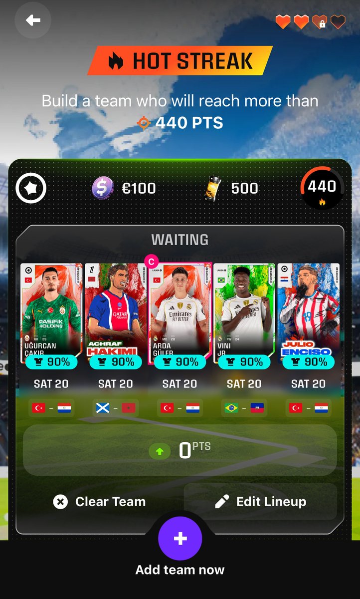 ESSnCFC's tweet photo. Can this lineup get me there? 👀

Rate it out of 10 and tell me what you’d change. @Sorare #HotStreak #FantasyFootball https://t.co/olMxRv2uxV