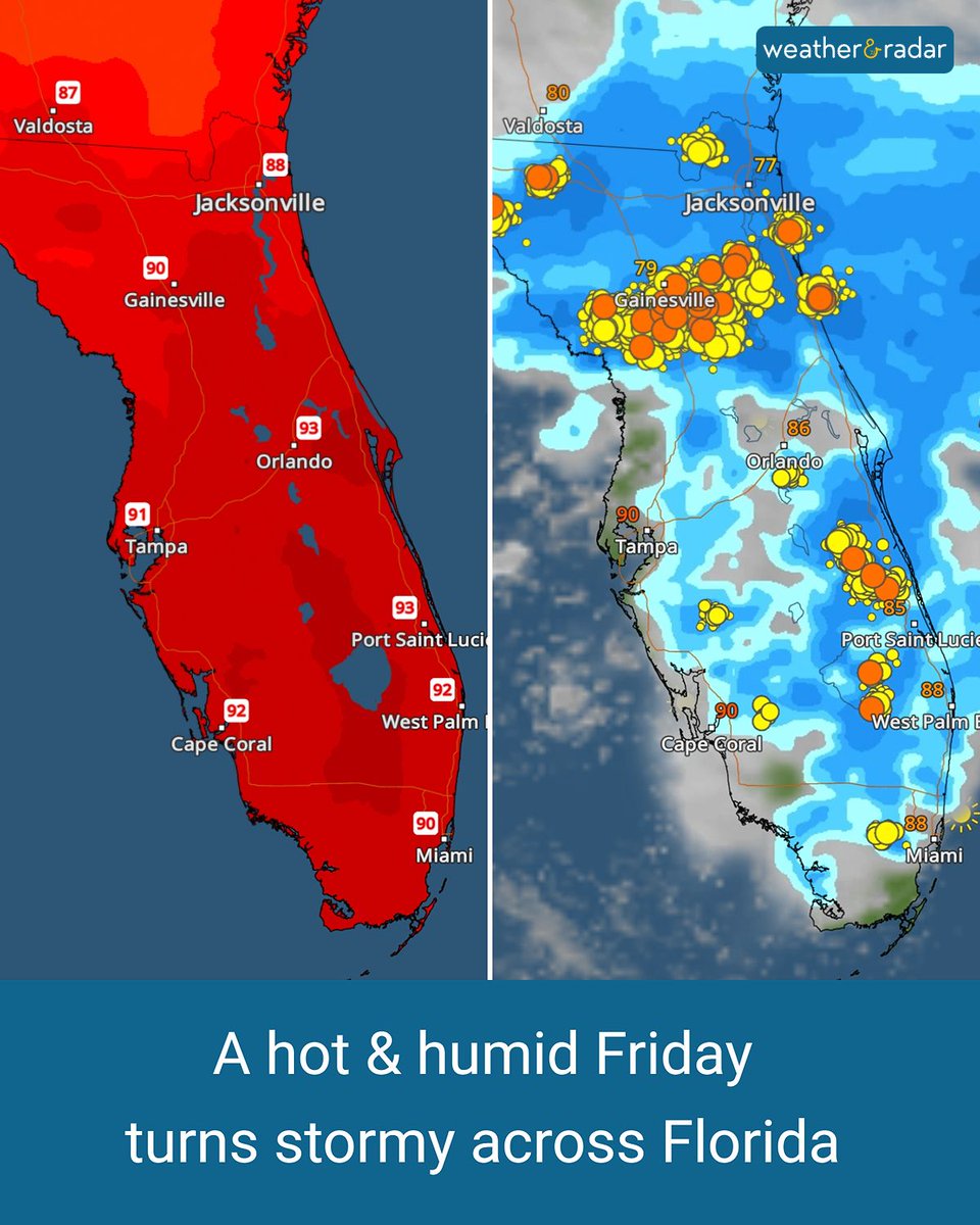 WeatherRadar_US's tweet photo. A dangerous feel-like temperature of 105 to 110 and near-record highs this afternoon will produce dangerous storms across #Florida this evening.
#storms #hotweather #flwx #florida
All of the details: https://t.co/zVPCA34pfA https://t.co/lsM4GL1QnZ
