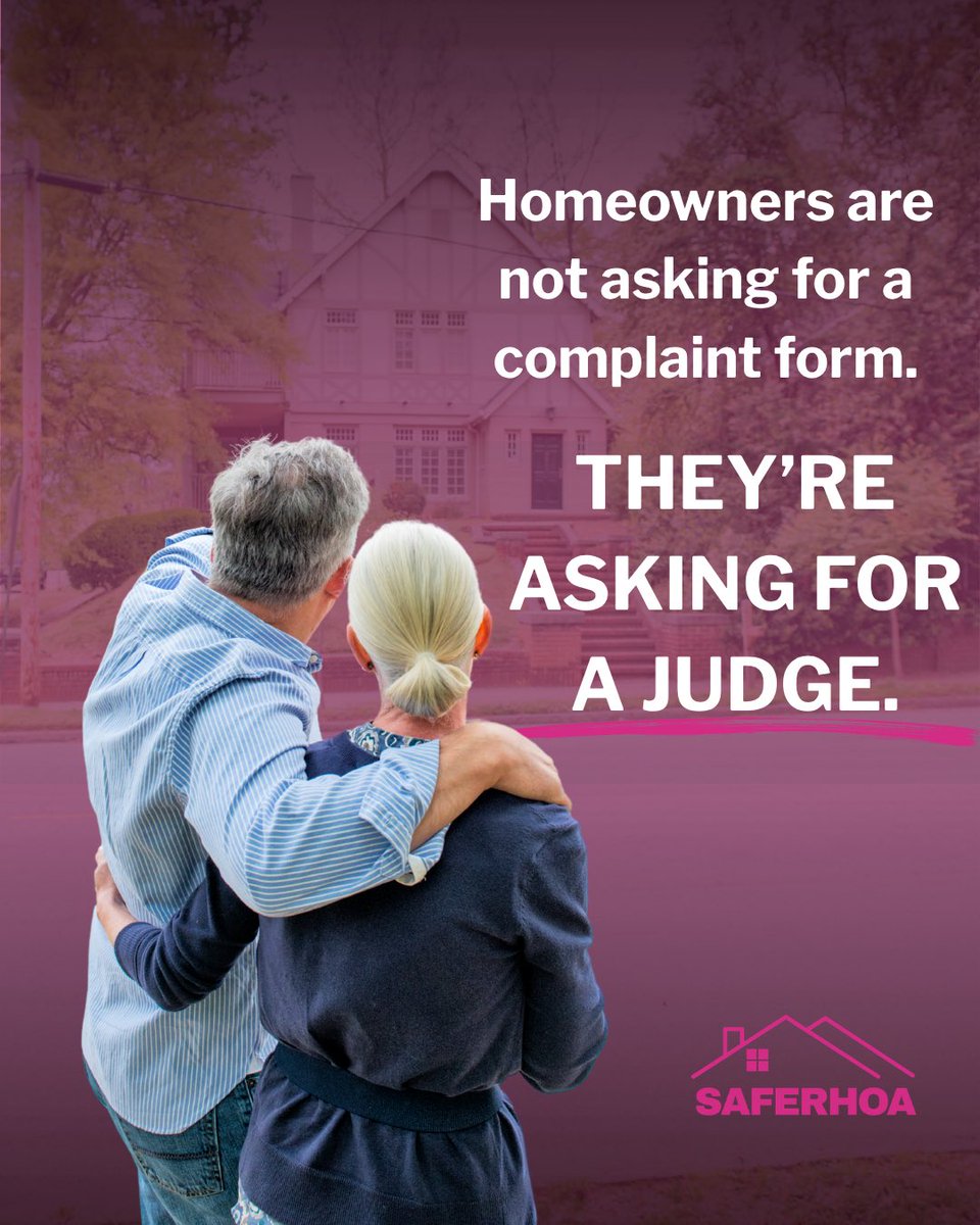 saferhoa's tweet photo. A complaint form won't stop a foreclosure.

When an HOA can take someone's home, homeowners deserve more than paperwork—they deserve due process.

Homeowners are not asking for a complaint form. 

They're asking for a judge.

#SAFERHOA #HOAReform #ncpol https://t.co/ykk4fXIgE5