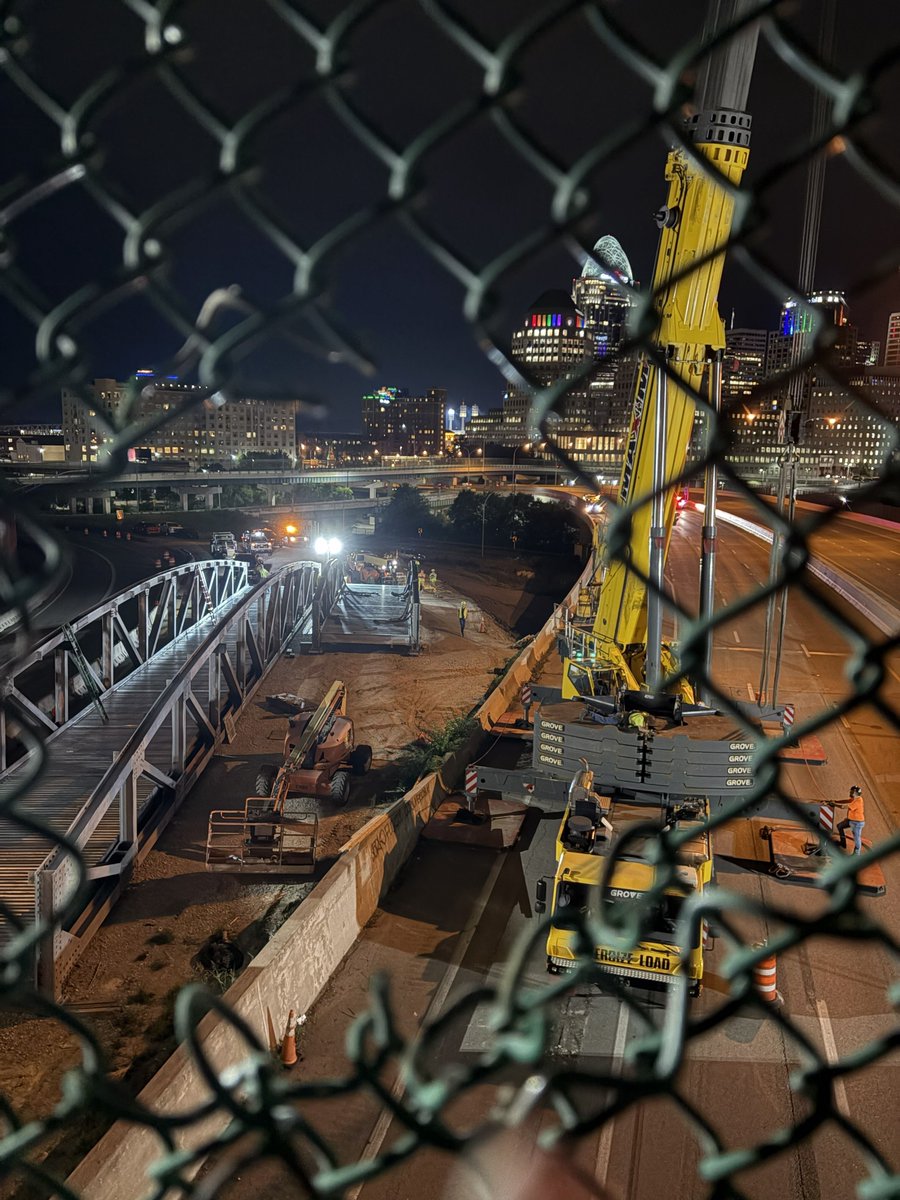 prusconstruct's tweet photo. Major milestone reached on the Mt. Adams-Downtown Cincinnati pedestrian bridge project. Last weekend, crews installed one of the bridge's largest sections over I-71. Proud to be part of a project improving connectivity and accessibility. #PrusConstruction

https://t.co/gcui4pPCIz https://t.co/DJx7b9wAtW