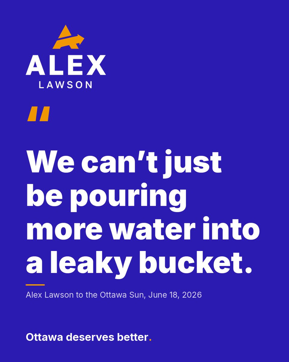 AlexLawsonOtt's tweet photo. Every year the budget goes up. Every year you get less for it.

You don't fix a leaky bucket by pouring in more water. You fix the bucket.

We've got a lot of work to do. Ottawa deserves better.

#ottawa https://t.co/aky0zHJdgV