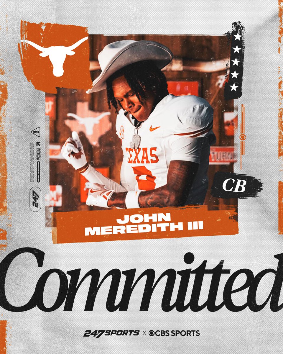 247Sports's tweet photo. BREAKING: 5-star CB John Meredith III has committed to Texas 🤘

@JOHN_MEREDITH2 is the No. 1 CB and No. 4 overall player in the 2027 class https://t.co/uJUlKhEEvI