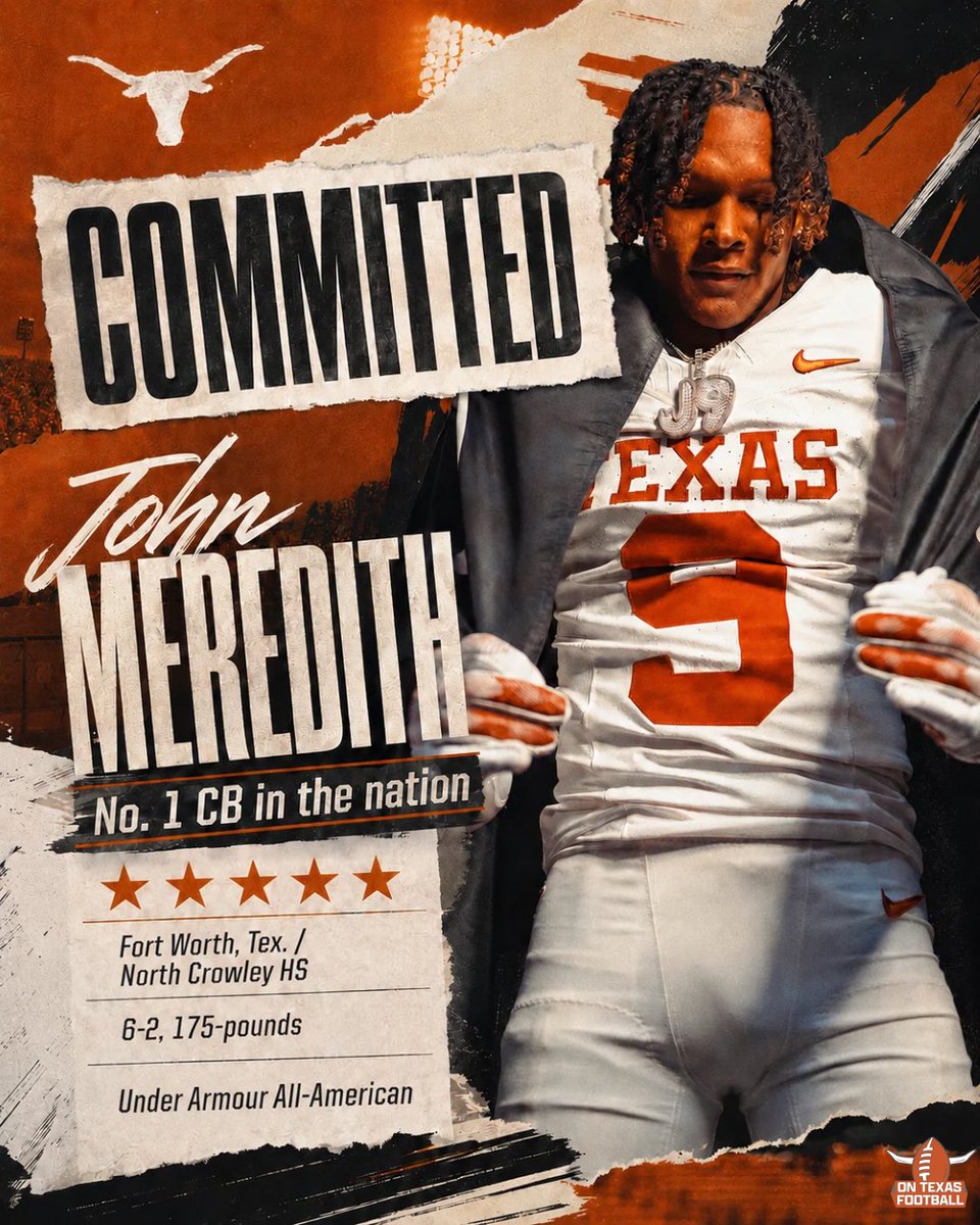 ontexasfootball's tweet photo. BOOM! ⭐️⭐️⭐️⭐️⭐️

Texas lands 2027 five-star cornerback John Meredith (North Crowley), as he chooses the Longhorns over Texas A&amp;M and Alabama. 🤘

The 6-2, 175-pounder is considered the No. 1 CB in the nation. 🔥 https://t.co/J3yODGvhMD