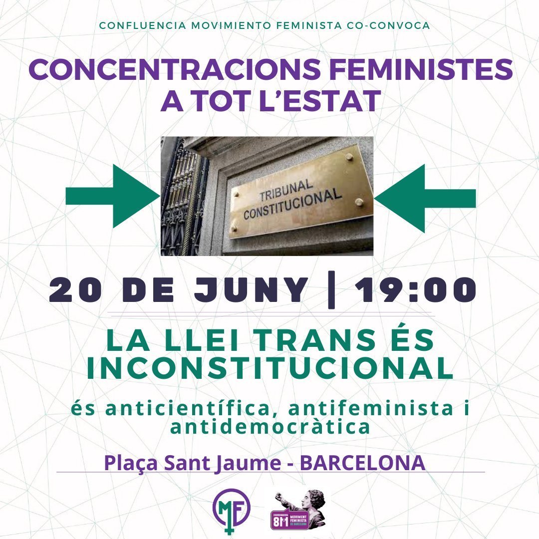 feministes_cat's tweet photo. Mañana salimos a la calle. El Movimiento Feminista lleva años alertando del impacto del transgenerismo en la salud y en los derechos de mujeres y menores. El Tribunal Constitucional tiene la palabra. Nosotras tenemos la plaza. 📍 Plaça Sant Jaume, Barcelona. ⏰ 19h #20J #LeyTransInconstitucional