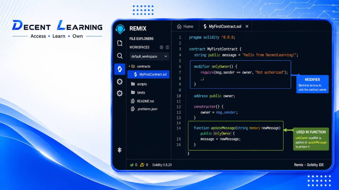 decentLearnings's tweet photo. DAY 12/30
• Modifiers
Modifiers help avoid code repetition.
Use it on your update function.
If you are still in Comment “DAY 13"
#BuildingInPublic #Developer #Web3Challenge https://t.co/QJih2fcsou